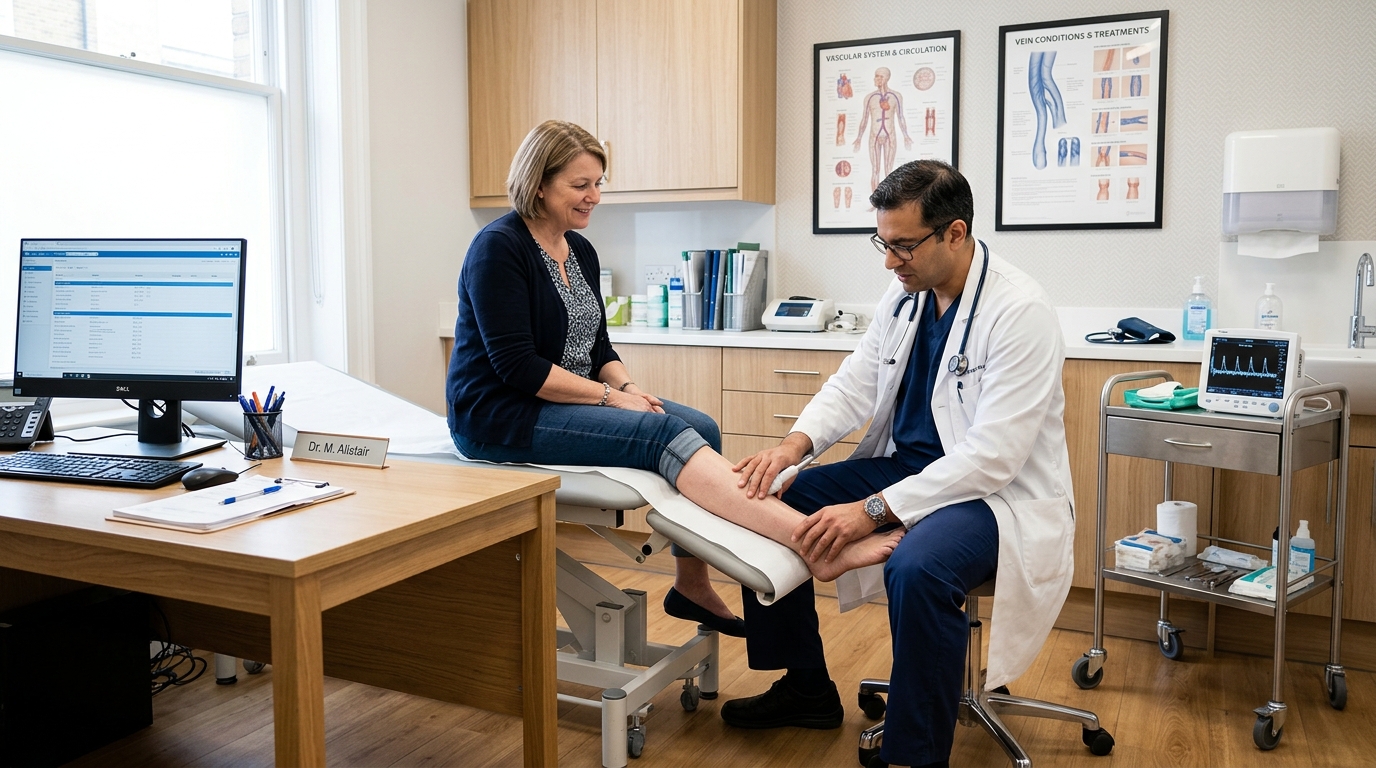 Médico cirurgião vascular examinando perna de paciente no consultório para diagnóstico de inchaço e varizes